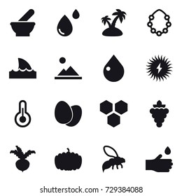 16 vector icon set : island, hawaiian wreath, shark flipper, landscape, drop, honeycombs, grape, beet, pumpkin, wasp, hand drop