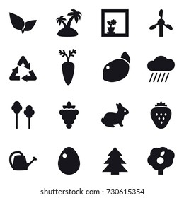 16 vector icon set : island, flower in window, rain cloud, trees, grape, rabbit, strawberry, watering can, egg, spruce, garden