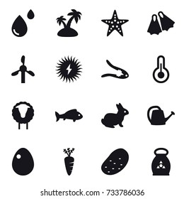 16 vector icon set : island, starfish, flippers, walnut crack, sheep, fish, rabbit, watering can, egg, carrot, potato, fertilizer