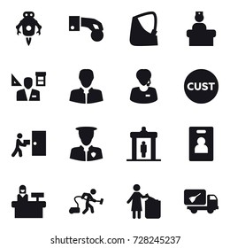 16 vector icon set : jet robot, hand coin, architector, detector, identity card, reception, vacuum cleaner, garbage bin, home call cleaning