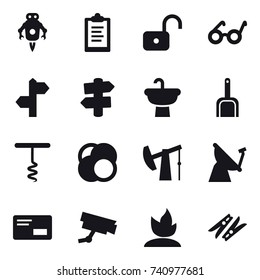16 vector icon set : jet robot, clipboard, unlock, signpost, scoop, corkscrew, sprouting, clothespin