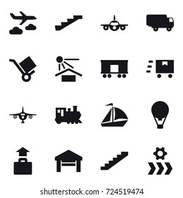 16 vector icon set : journey, stairs, plane, train, sail boat, air ballon, baggage, garage