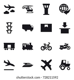 16 vector icon set : journey, airport tower, train, bike, motorcycle, arrival, yacht, tractor