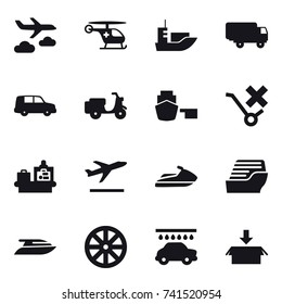 16 vector icon set : journey, baggage checking, departure, jet ski, cruise ship, yacht, wheel, car wash, package