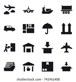 16 vector icon set : journey, airplane, cruise ship, warehouse, package