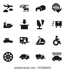 16 vector icon set : journey, warehouse, car baggage, trailer, sail boat, invalid, wheel, trash truck, sweeper, car wash