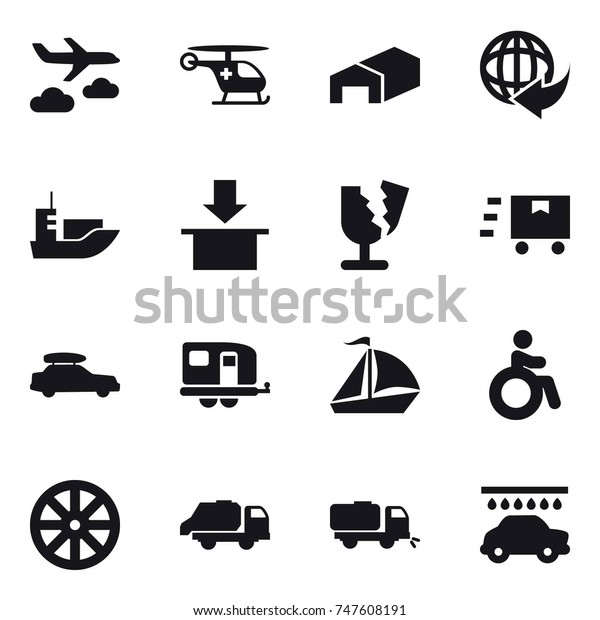 16\
vector icon set : journey, warehouse, car baggage, trailer, sail\
boat, invalid, wheel, trash truck, sweeper, car\
wash