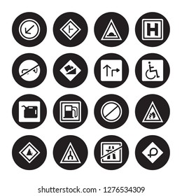 16 vector icon set : Keep left, End motorway, of way, Falling rocks, Fire, degree curve road, Horn, Gasoline, Highway isolated on black background