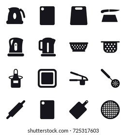 16 vector icon set : kettle, cutting board, kolander, colander, apron, garlic clasp, skimmer, rolling pin