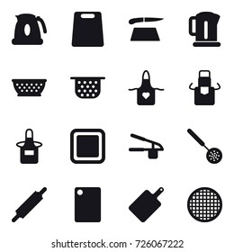 16 vector icon set : kettle, cutting board, kolander, colander, apron, garlic clasp, skimmer, rolling pin