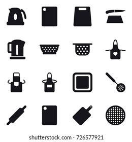 16 vector icon set : kettle, cutting board, kolander, colander, apron, skimmer, rolling pin