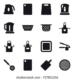 16 vector icon set : kettle, cutting board, kolander, colander, apron, garlic clasp, skimmer