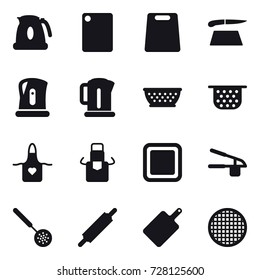 16 vector icon set : kettle, cutting board, kolander, colander, apron, garlic clasp, skimmer, rolling pin