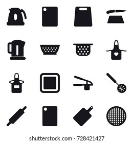 16 vector icon set : kettle, cutting board, kolander, colander, apron, garlic clasp, skimmer, rolling pin