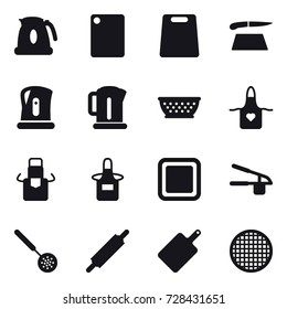 16 vector icon set : kettle, cutting board, kolander, apron, garlic clasp, skimmer, rolling pin