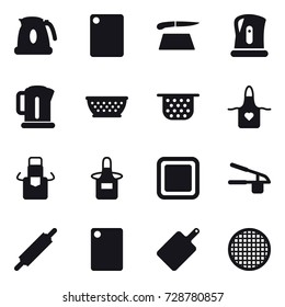 16 vector icon set : kettle, cutting board, kolander, colander, apron, garlic clasp, rolling pin