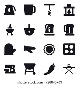 16 vector icon set : kettle, cup, corkscrew, fireplace, bbq, cook glove, hot pepper, iron board