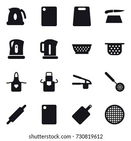 16 vector icon set : kettle, cutting board, kolander, colander, apron, garlic clasp, skimmer, rolling pin