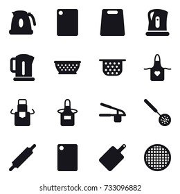 16 vector icon set : kettle, cutting board, kolander, colander, apron, garlic clasp, skimmer, rolling pin