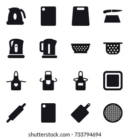 16 vector icon set : kettle, cutting board, kolander, colander, apron, rolling pin