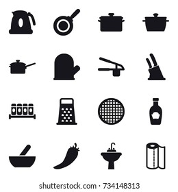 16 vector icon set : kettle, pan, saute pan, cook glove, garlic clasp, knife holder, mortar, hot pepper, water tap sink, paper towel