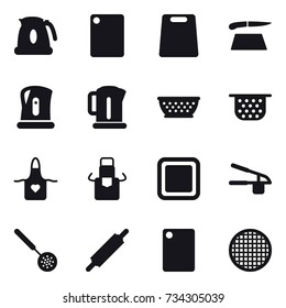 16 vector icon set : kettle, cutting board, kolander, colander, apron, garlic clasp, skimmer, rolling pin