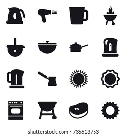 16 vector icon set : kettle, hair dryer, cup, bbq, cauldron, saute pan, turk, sun