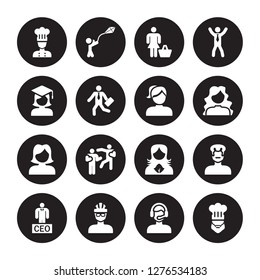 16 vector icon set : Kitchen chef, Customer Help worker, Cyclist face, Executive Manager, Father Cook Graduated, Girl face with ponytails isolated on black background
