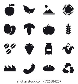 16 vector icon set : landscape, coffee seeds, berry, flour, corn, seedling, eggplant, bread, recycling