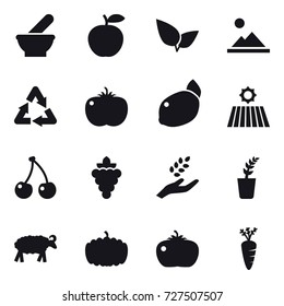 16 vector icon set : landscape, field, cherry, grape, harvest, seedling, sheep, pumpkin, tomato, carrot