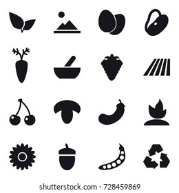 16 vector icon set : landscape, mortar, berry, field, cherry, mushroom, eggplant, sprouting, flower, acorn, peas, recycling