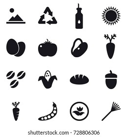 16 vector icon set : landscape, coffee seeds, corn, bread, acorn, carrot, peas, ecology, rake