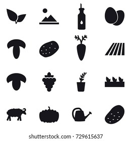 16 vector icon set : landscape, field, mushroom, grape, seedling, sheep, pumpkin, watering can, potato