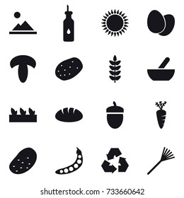 16 vector icon set : landscape, mortar, seedling, bread, acorn, carrot, potato, peas, recycling, rake