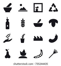 16 vector icon set : landscape, flower in window, mortar, mushroom, harvest, seedling, eggplant, pear, sprouting, peas, rake