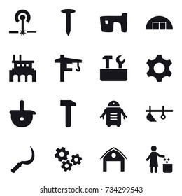 16 vector icon set : laser, nail, slum, hangare, factory, tower crane, repair tools, plow, sickle, gears, barn, garbage bin