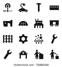 16 vector icon set : laser, electric car, nail, bunker, slum, hangare, factory, wrench, barn, garbage bin