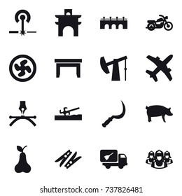 16 vector icon set : laser, arch, bridge, motorcycle, cooler fan, table, soil cutter, sickle, pig, pear, clothespin, home call cleaning, outsource