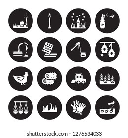 16 vector icon set : Lawn mower, Gloves, Grass, Hanging pot, Harvest, Germination, Hose, Hen, Honey isolated on black background