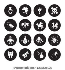 16 vector icon set : Leprechaun, Fairy tale, Fanfare, Faun, female Medusa, Fairy, Hydra, Golem, Gryphon isolated on black background
