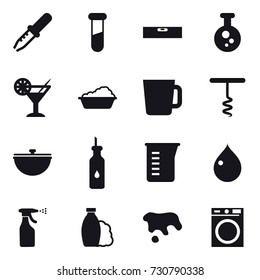 16 vector icon set : level, cocktail, washing, cup, corkscrew, cauldron, measuring cup, drop, sprayer, shampoo, spot, washing machine