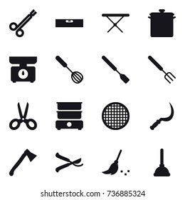 16 vector icon set : level, iron board, pan, kitchen scales, whisk, spatula, big fork, scissors, sickle, axe, pruner, broom, plunger
