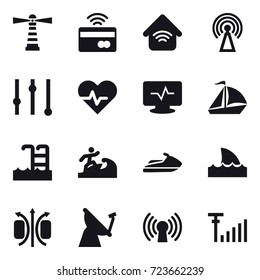16 vector icon set : lighthouse, tap to pay, wireless home, antenna, equalizer, sail boat, pool, surfer, jet ski, shark flipper