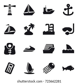 16 vector icon set : lighthouse, boat, sail boat, island, pool, diving mask, life vest, jet ski, cruise ship, shark flipper, inflatable mattress, windsurfing, jellyfish, fish