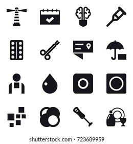 16 vector icon set : lighthouse, calendar, bulb brain, drop, ring button, ring button, dish cleanser