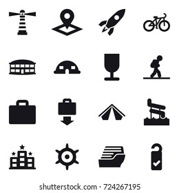 16 vector icon set : lighthouse, pointer, rocket, bike, airport building, dome house, tourist, suitcase iocn, baggage get, tent, aquapark, hotel, handwheel, cruise ship, please clean