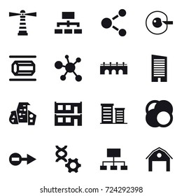 16 vector icon set : lighthouse, hierarchy, molecule, cell corection, nanotube, bridge, skyscraper, modern architecture, modular house, district, barn