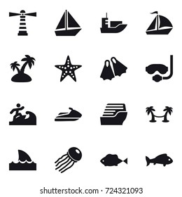 16 vector icon set : lighthouse, boat, sail boat, island, starfish, flippers, diving mask, surfer, jet ski, cruise ship, palm hammock, shark flipper, jellyfish, fish