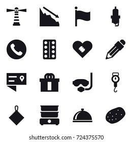16 vector icon set : lighthouse, crisis, flag, spark plug, phone, pencil, diving mask, handle scales, rag