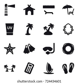 16 vector icon set : lighthouse, bungalow, lounger, uv cream, palm, island, hawaiian wreath, starfish, flippers, diving mask, lifebuoy, palm hammock, inflatable mattress, windsurfing, flip-flops